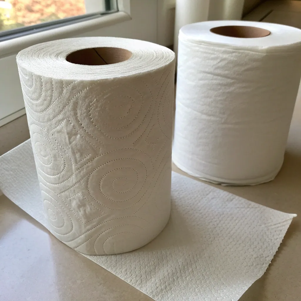 Two paper towel rolls on a kitchen counter near a window, one with embossed patterns, reflecting natural light.