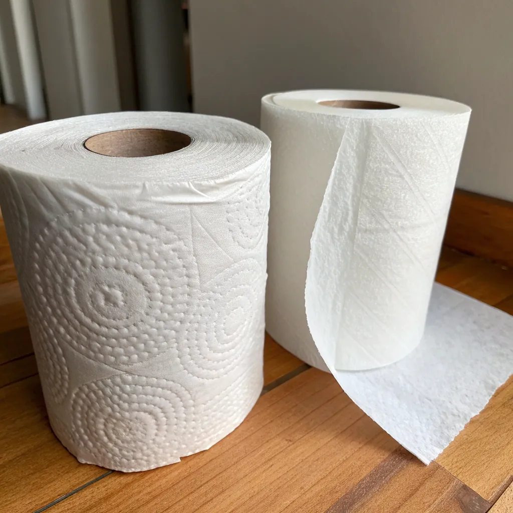 Two paper towel rolls on a wooden surface, one unspooled with a visible embossed pattern, displaying circular designs.