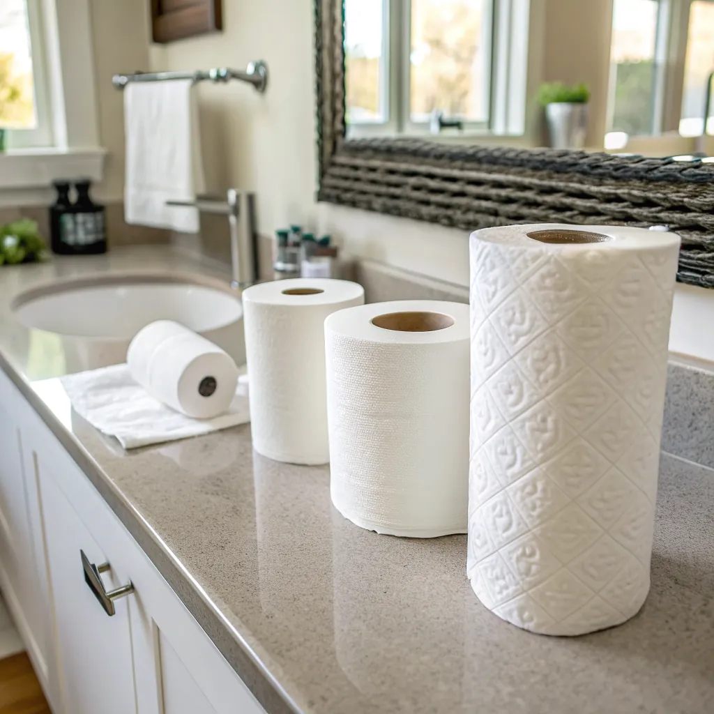 Various rolls of paper towels and toilet paper neatly arranged on a bathroom countertop near a sink and mirror.
