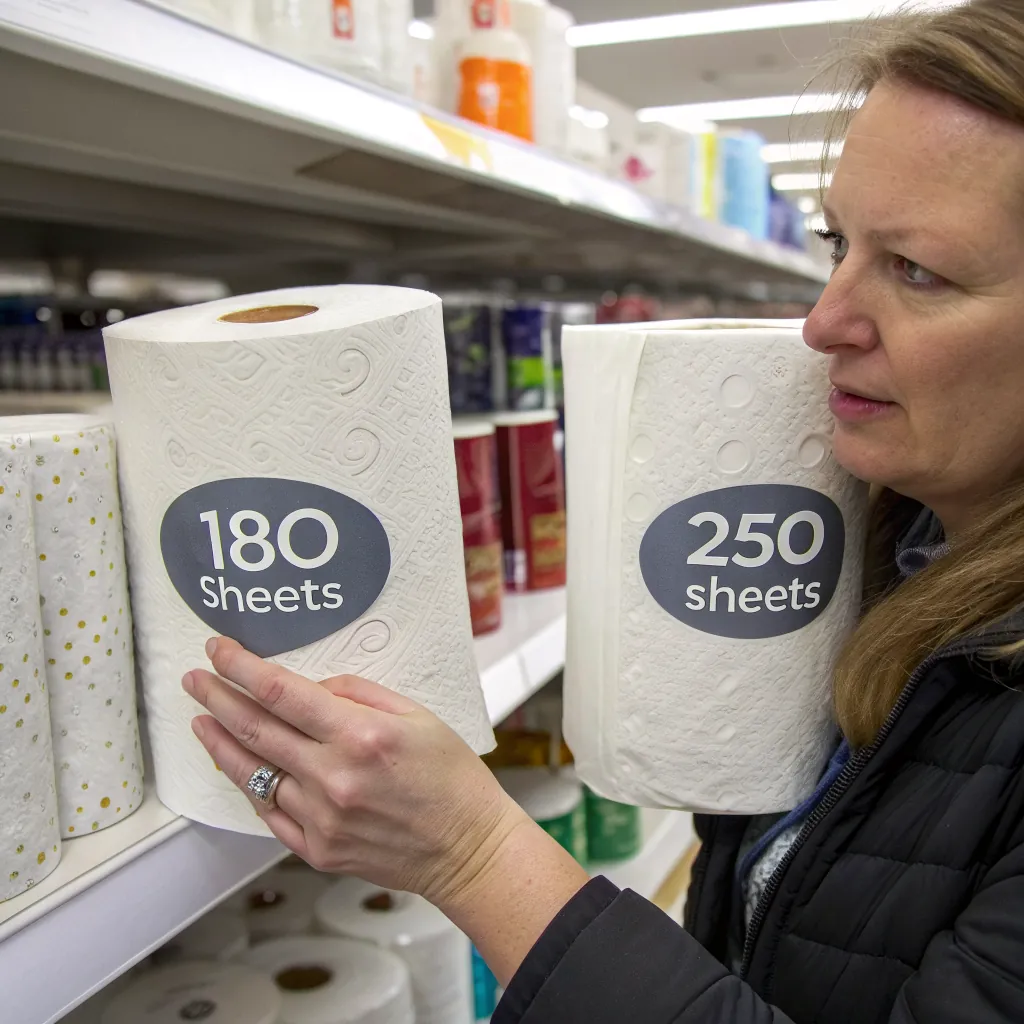 A person comparing two paper towel rolls labeled 180 and 250 sheets in a store aisle.