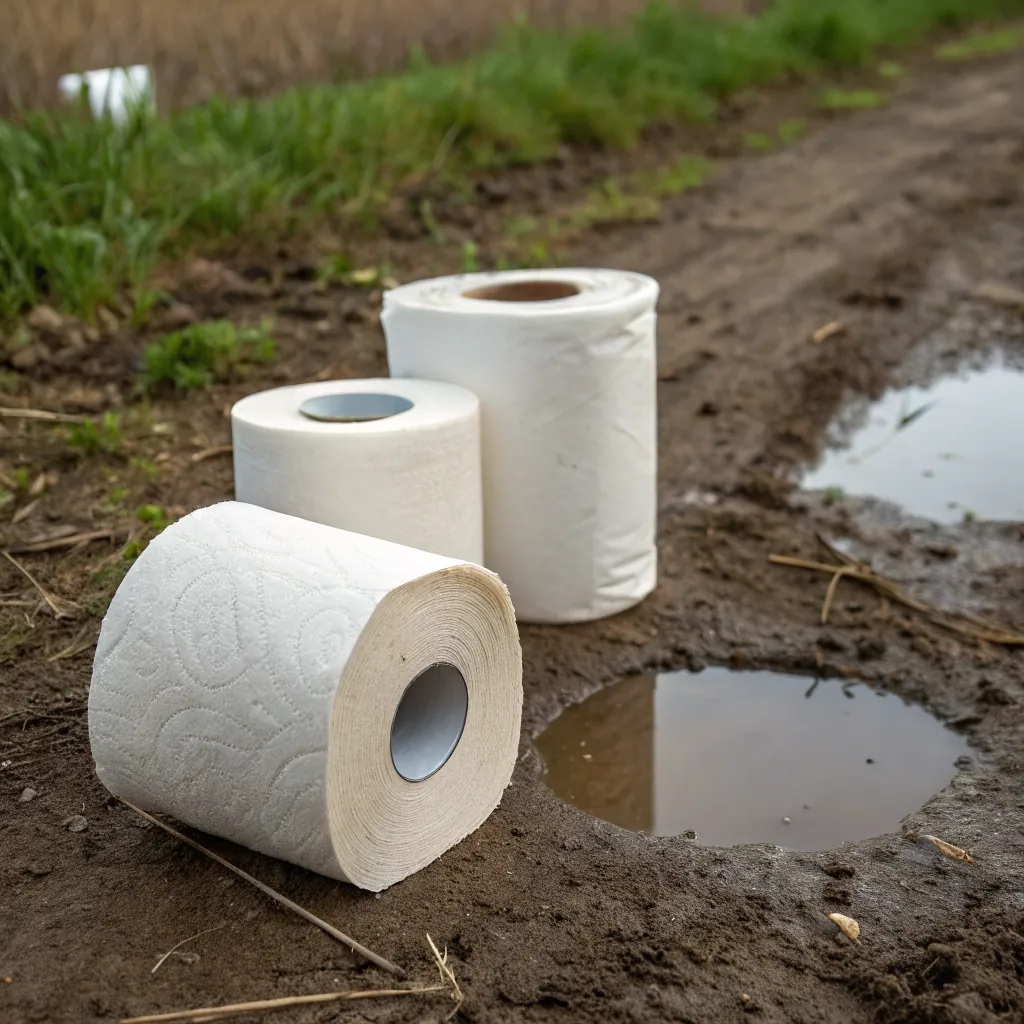 Three rolls of paper towels resting on a dirt path near puddles