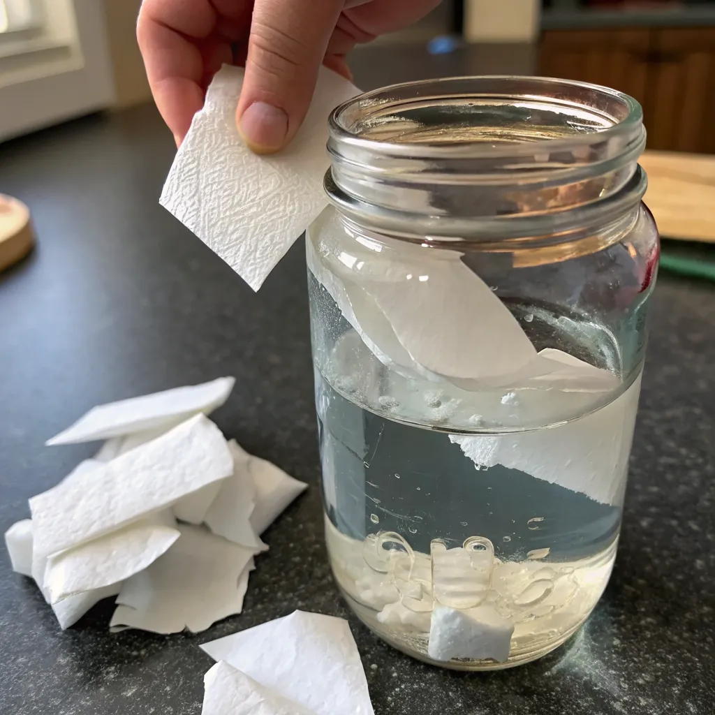 A hand holding a paper towel above a jar filled with water, with more paper towels scattered around.