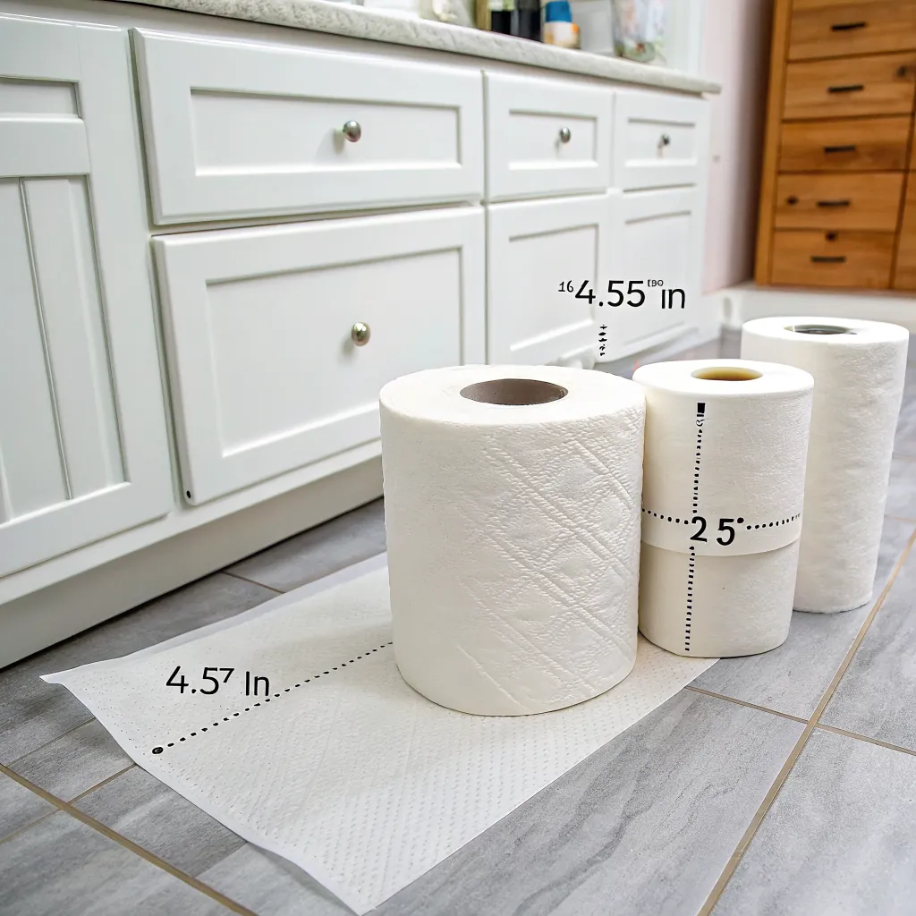 Three paper towel rolls of varying sizes on a kitchen floor with measurements