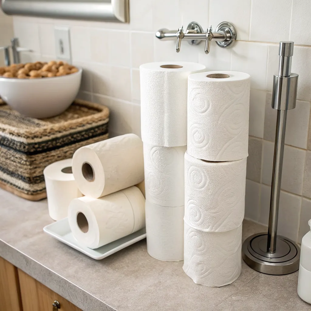 Several rolls of white paper towels stacked on a kitchen counter, with a bowl of nuts in the background.