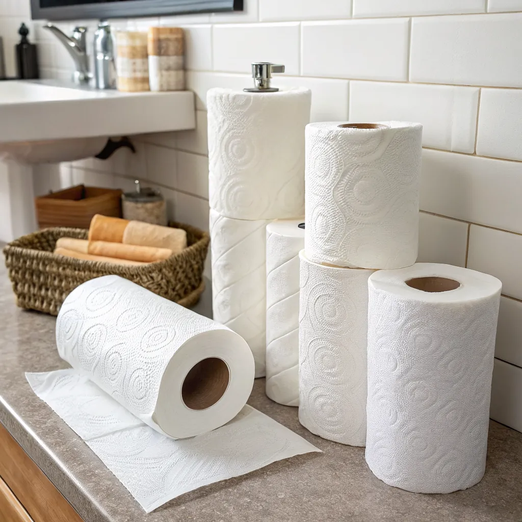 Multiple rolls of white paper towels arranged on a kitchen counter, with a sink in the background.