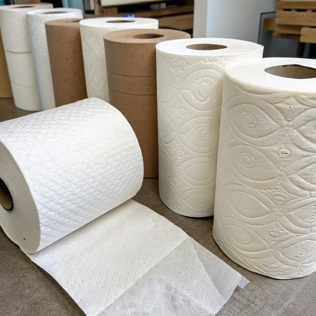 Différents types de rouleaux de papier essuie-tout, notamment blancs et bruns, disposés sur une table.
