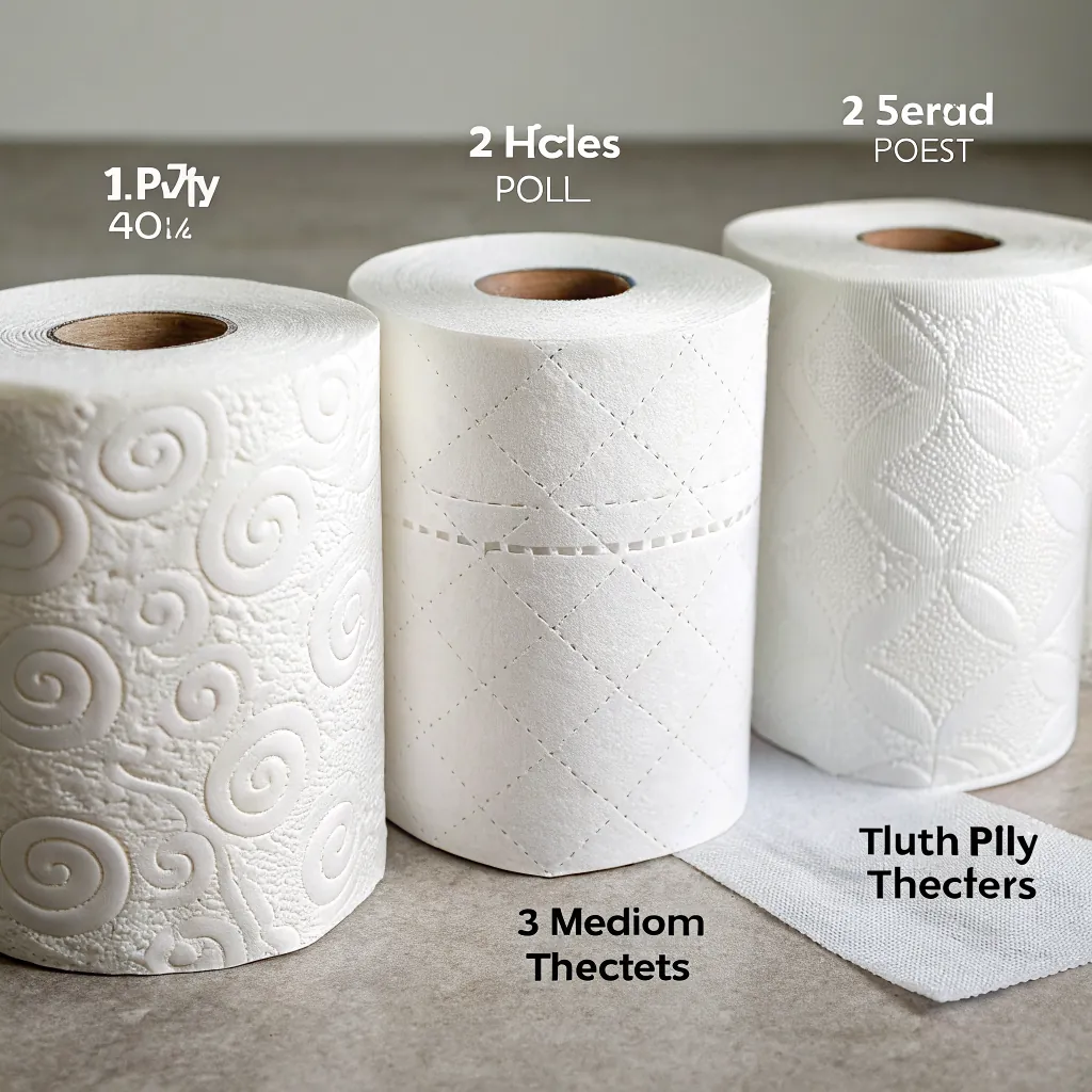 Three rolls of paper towels with different textures and patterns, displayed on a neutral background.