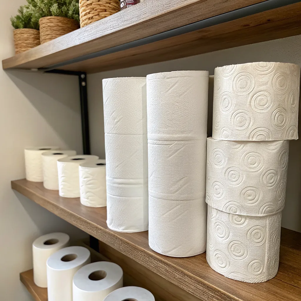 A shelf displaying multiple rolls of white paper towels with different patterns and textures, alongside decorative plants.