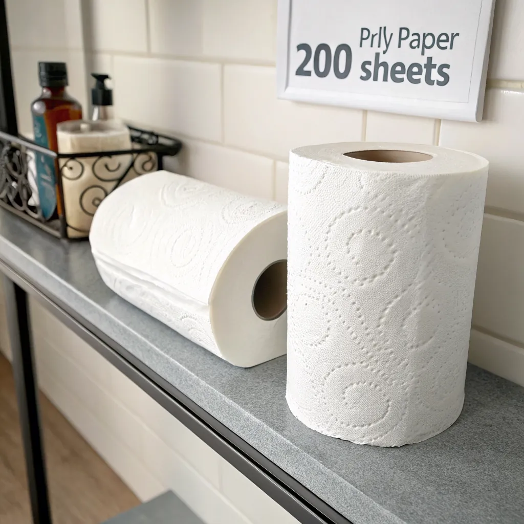 Two white paper towel rolls on a gray shelf with a sign above them
