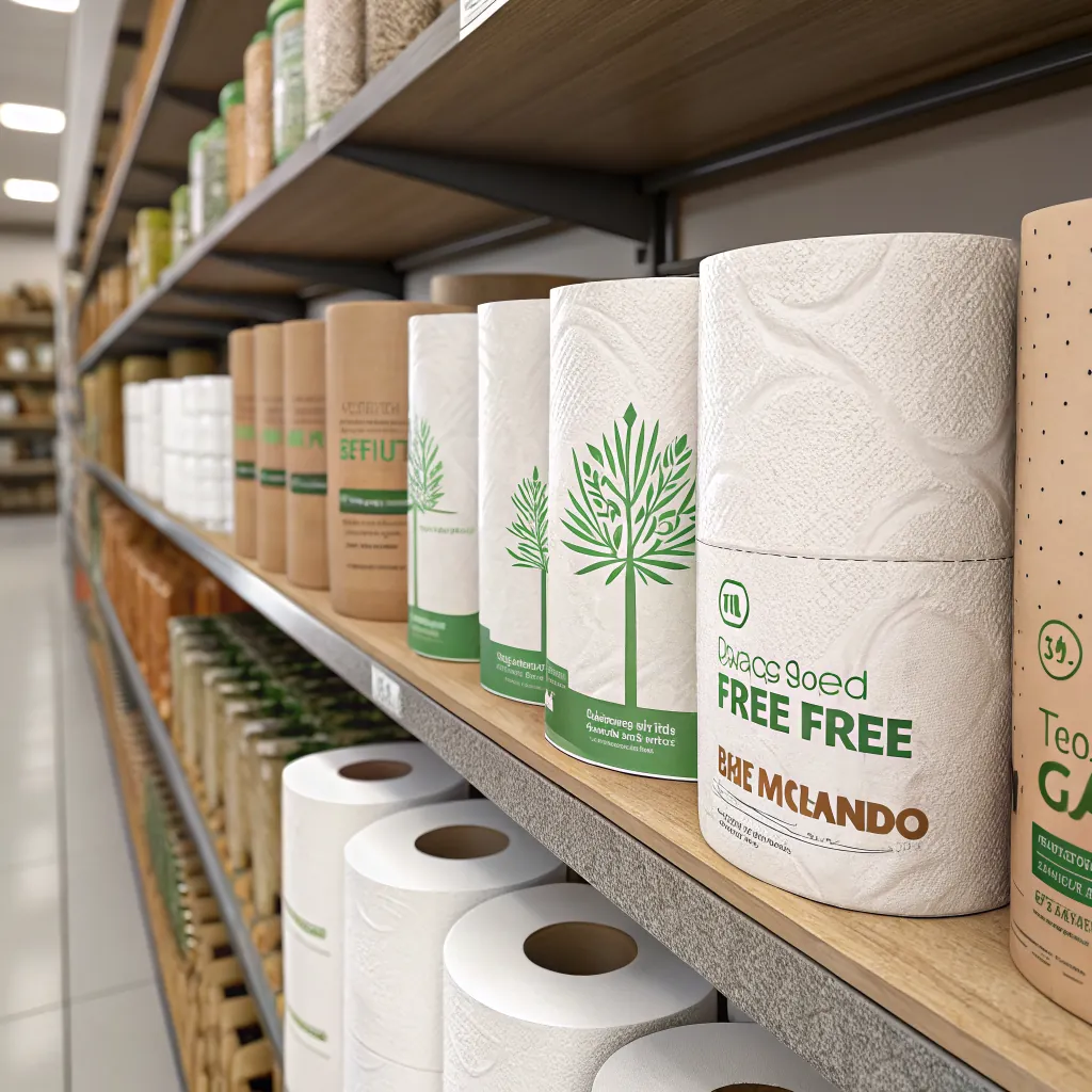 A variety of paper towel rolls on shelves, showcasing different designs and packaging, in a store aisle.