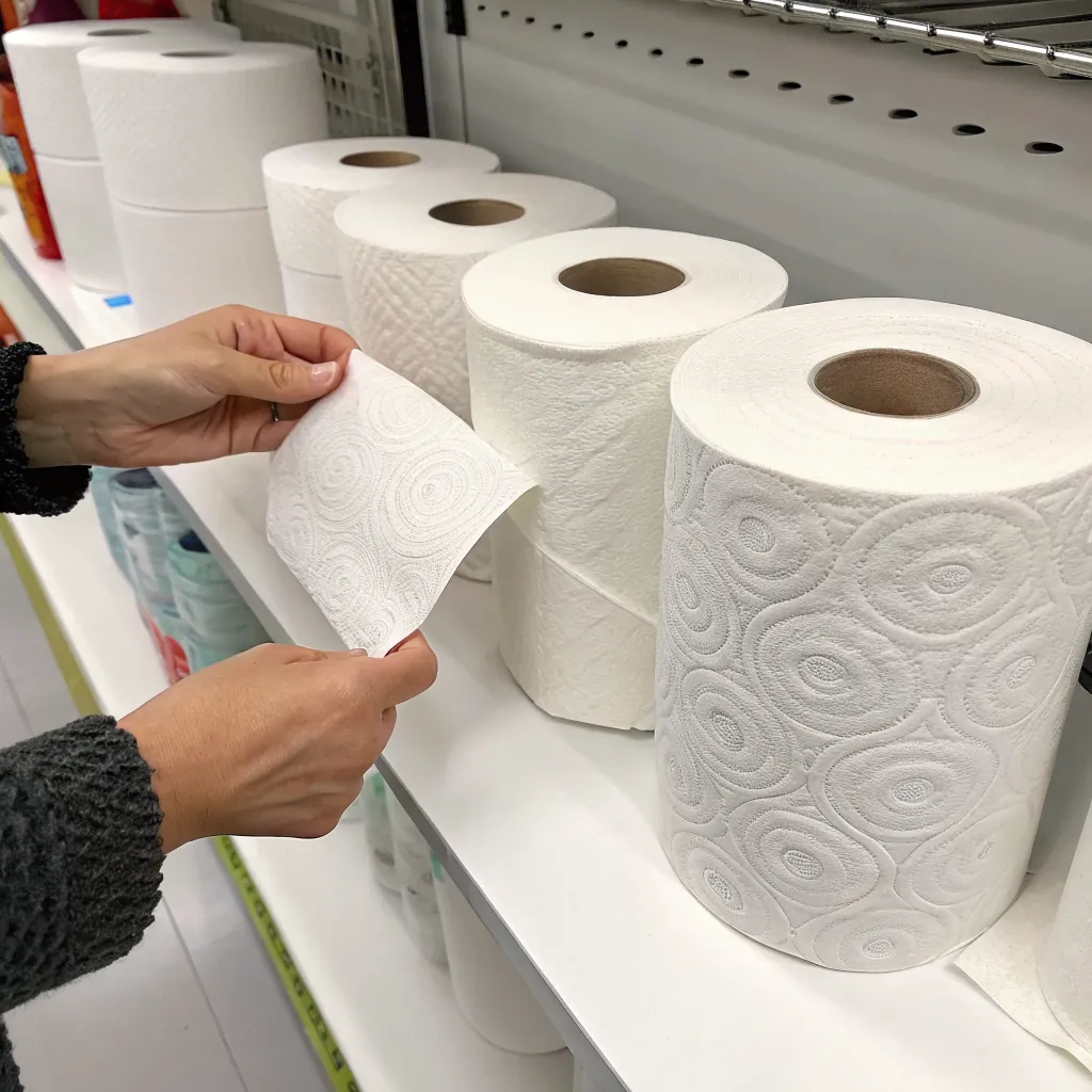 A hand picking a sheet from a roll of paper towels on a shelf, showcasing various rolls.