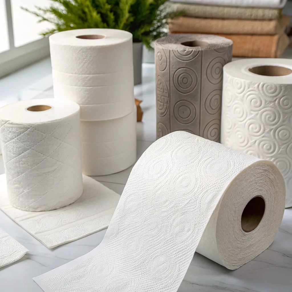 Different rolls of paper towels in various designs and colors on a table