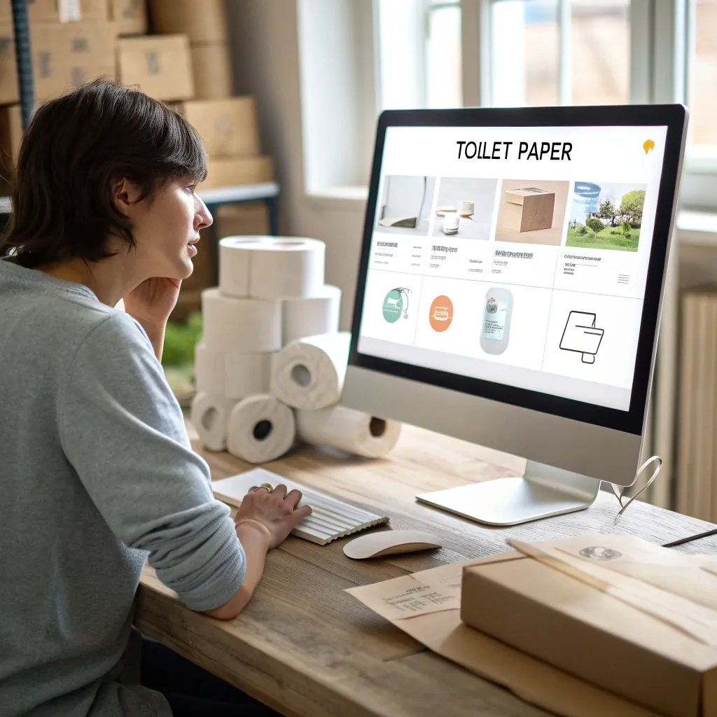 Person sitting at a desk browsing toilet paper options on a computer, surrounded by toilet paper rolls and boxes.
