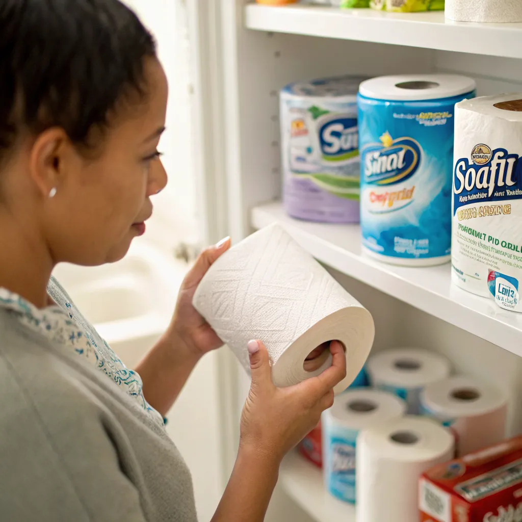 Individual holding a roll of paper towels while looking at pantry shelves filled with various brands