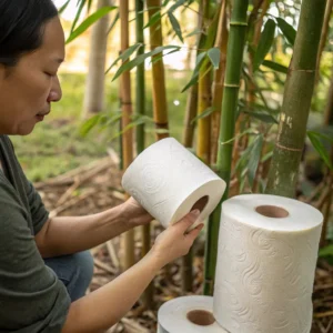 Individual holding a roll of textured paper towel near bamboo plants, surrounded by greenery.