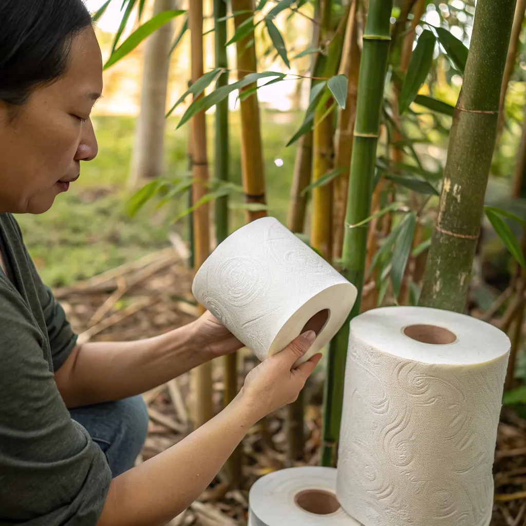 Individual holding a roll of textured paper towel near bamboo plants, surrounded by greenery.
