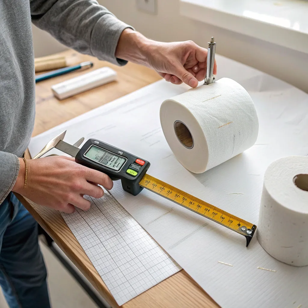 A person using a digital caliper to measure the diameter of a toilet paper roll on a table with grid paper.