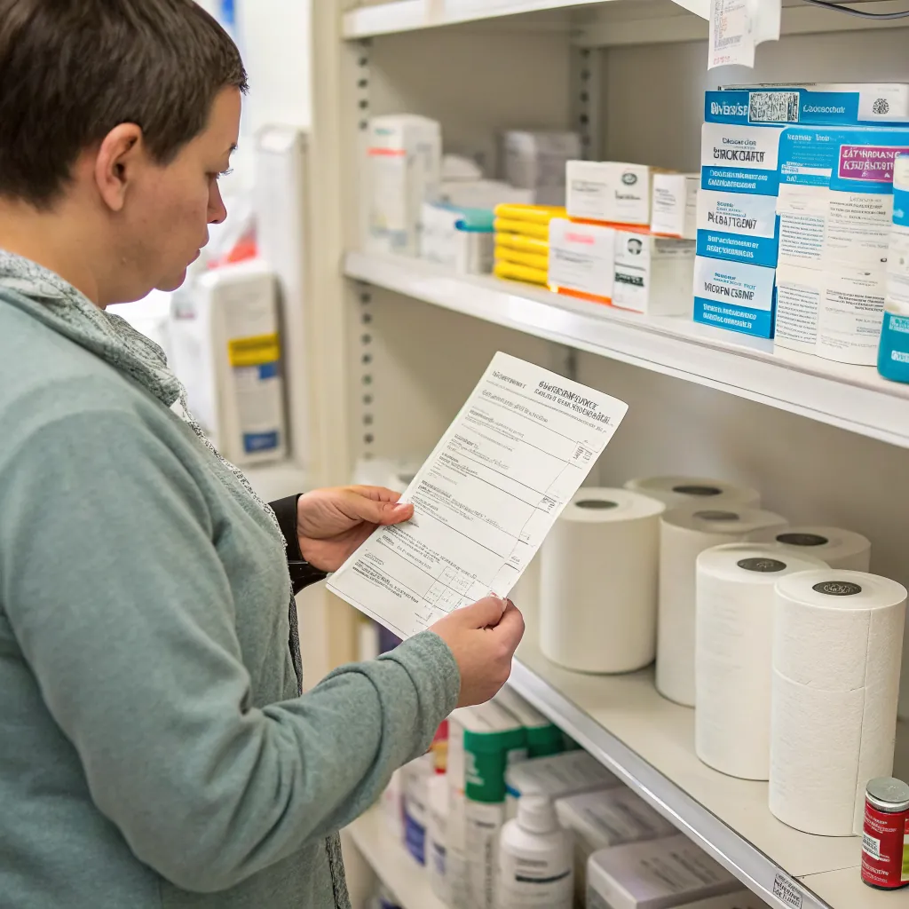 A person examines a prescription while standing in a pharmacy aisle, surrounded by various medications and supplies.