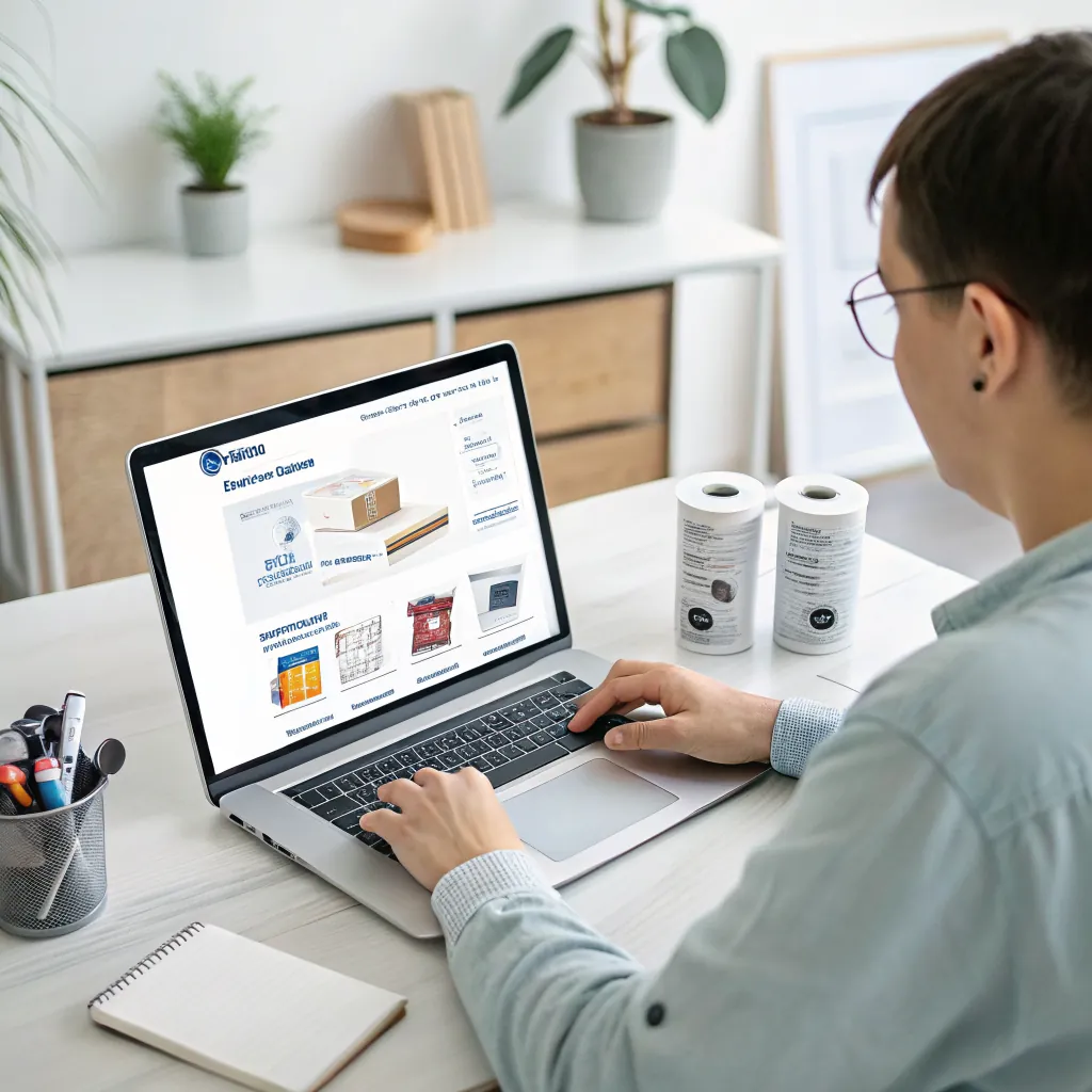Individual typing on a laptop at a desk with office supplies and plants