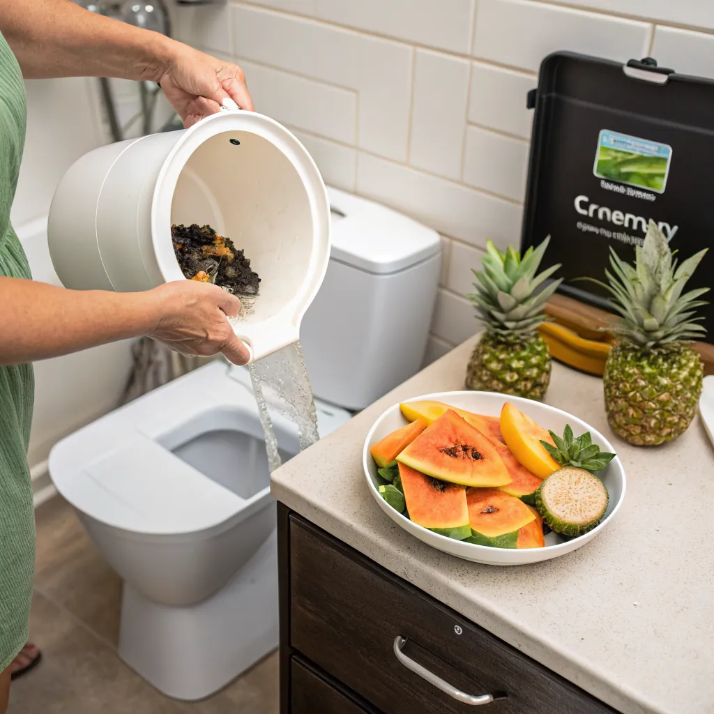 A person pours water from a bucket into a toilet while fruit is on a counter