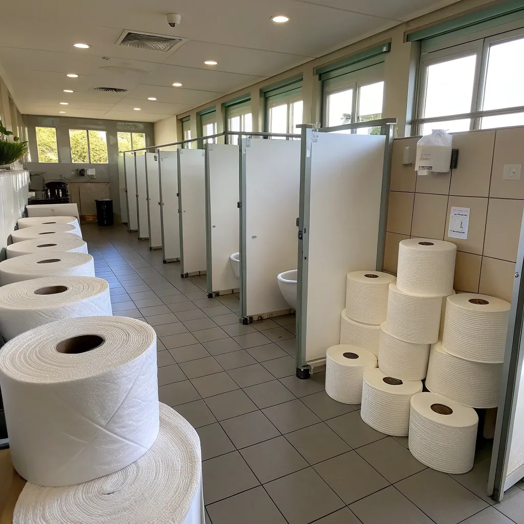 Public bathroom with multiple stalls and large rolls of toilet paper stacked on the floor and counters, under bright lighting.