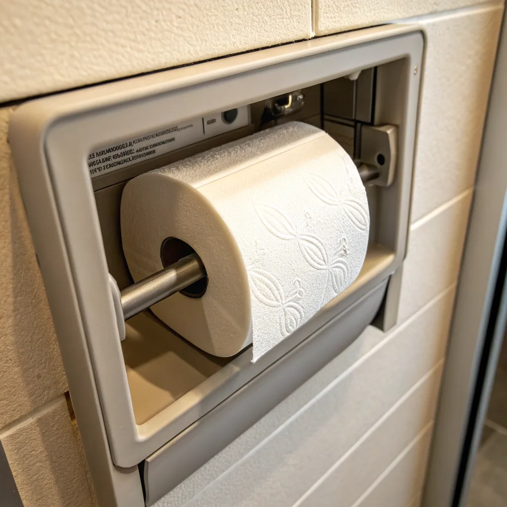 A recessed toilet paper holder with a roll of embossed toilet paper in a tiled bathroom wall.