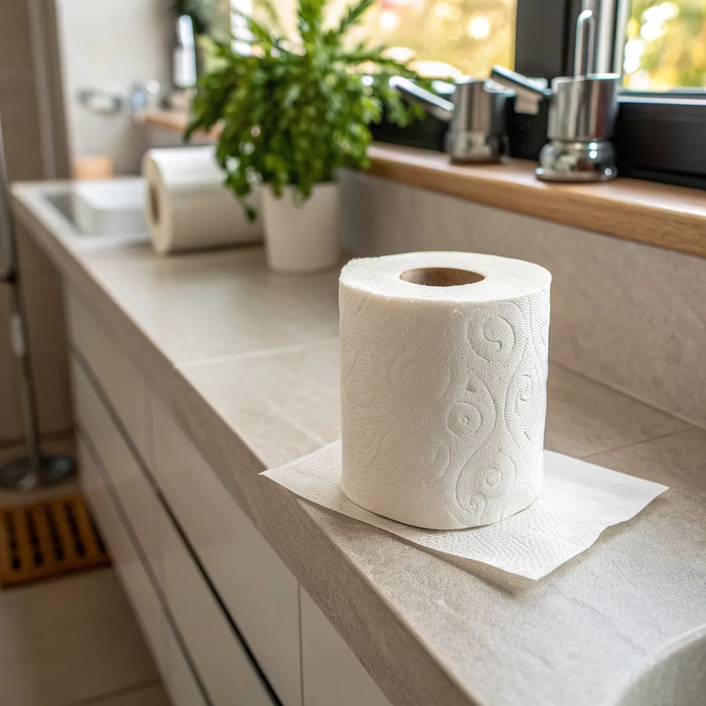 Toilet paper roll placed on a tiled bathroom counter, with a plant and faucet visible in the background.