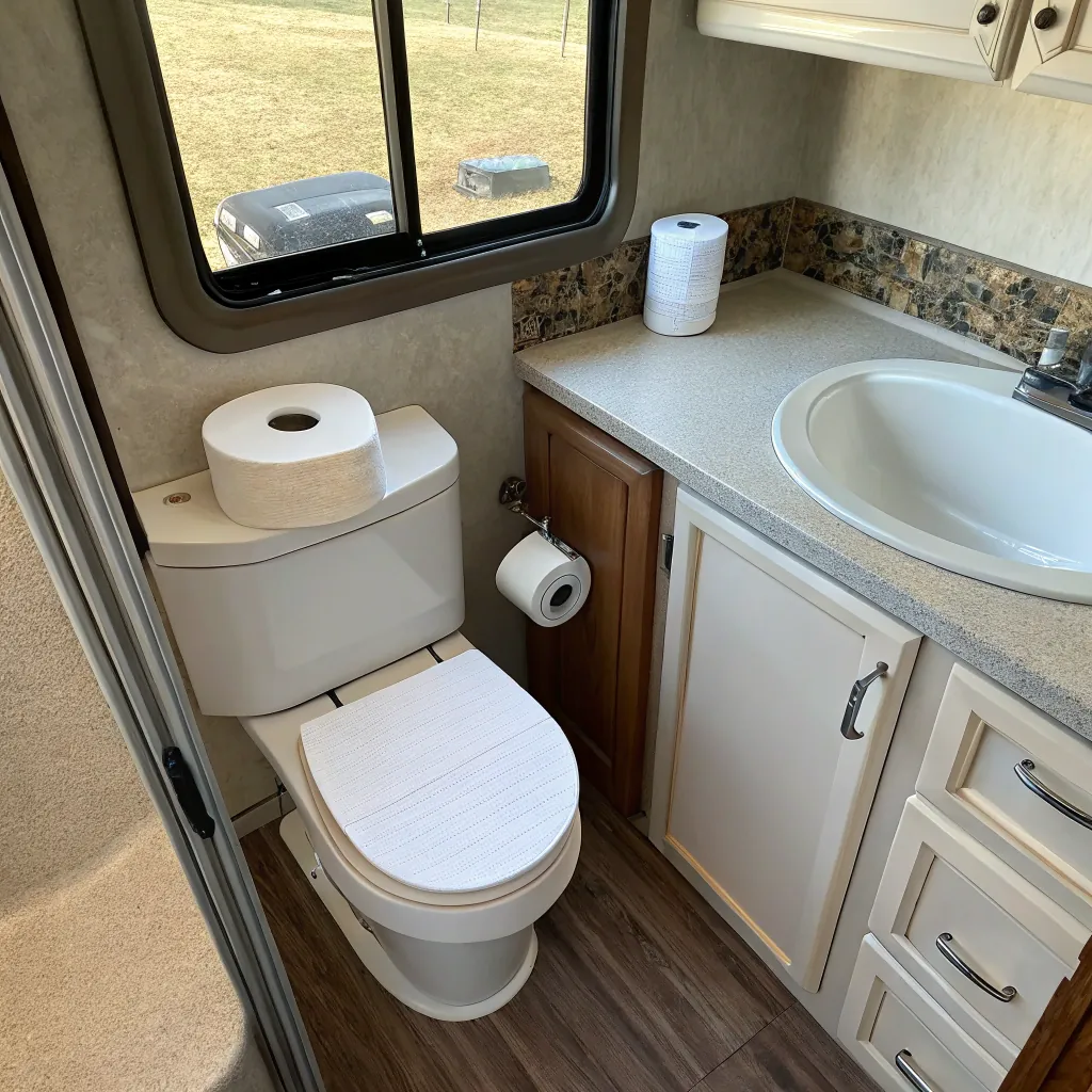 Interior of an RV bathroom featuring a toilet with a white lid cover, a sink on the countertop, and multiple rolls of toilet paper, with a window showing a grassy area outside.