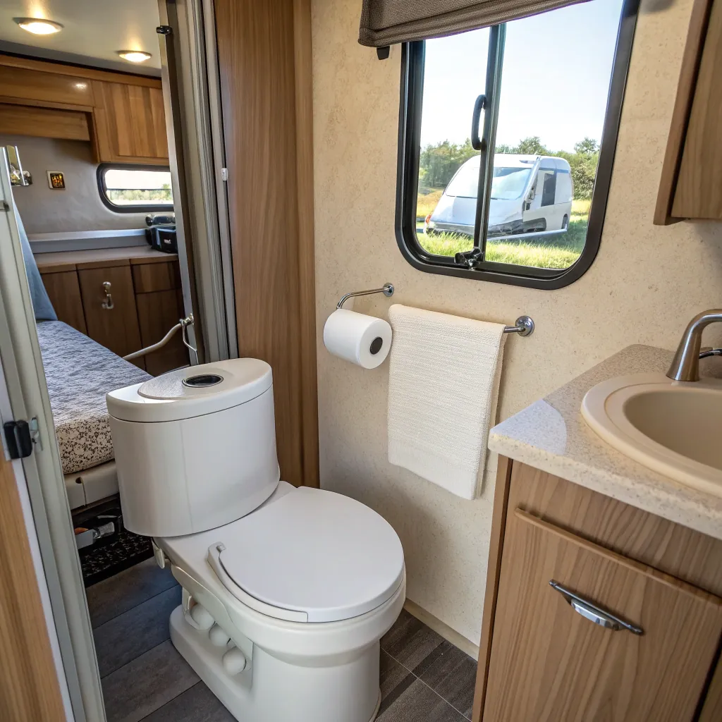 Interior of a compact RV bathroom with a toilet, sink, and a window showing an outside view of another camper.