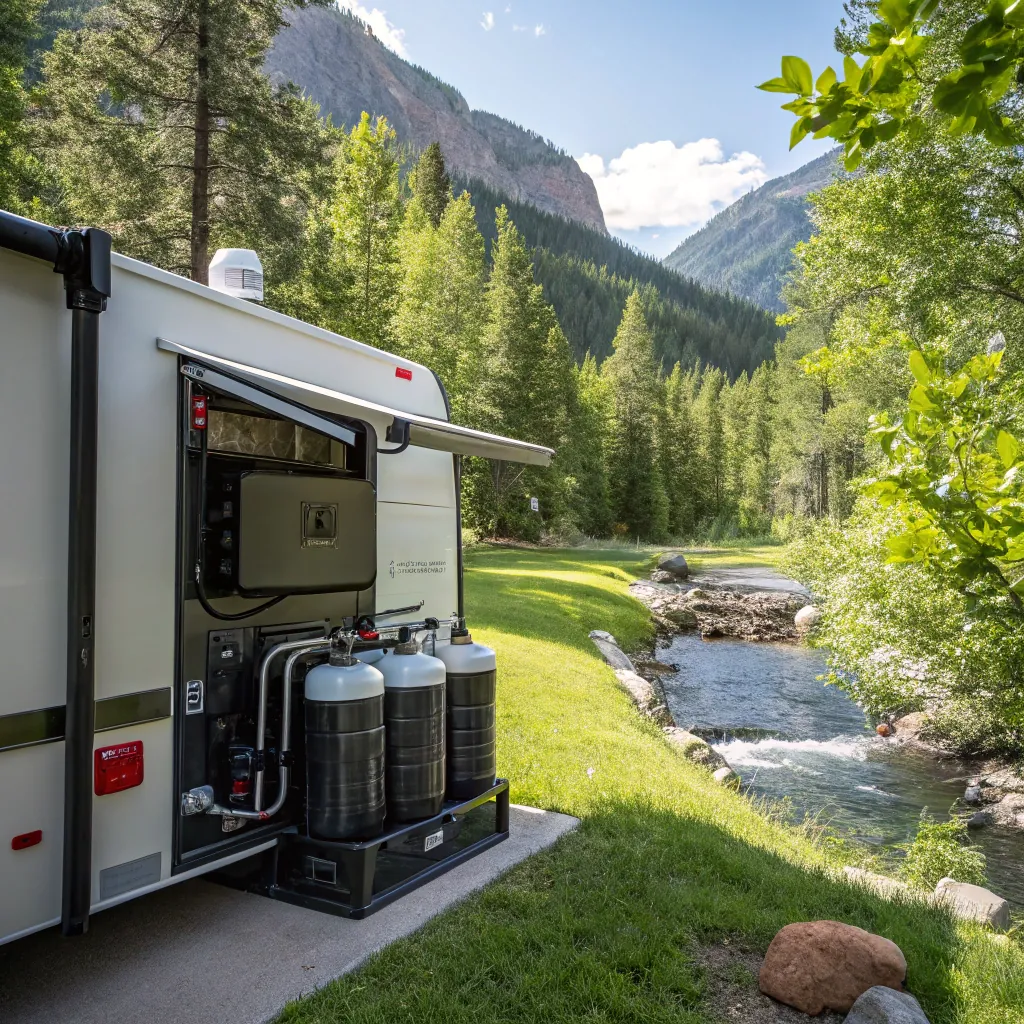 RV parked beside a clear river with green trees and mountains in the background on a sunny day.