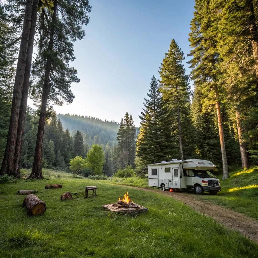 RV parked in a forest clearing with a campfire surrounded by trees under a clear sky.
