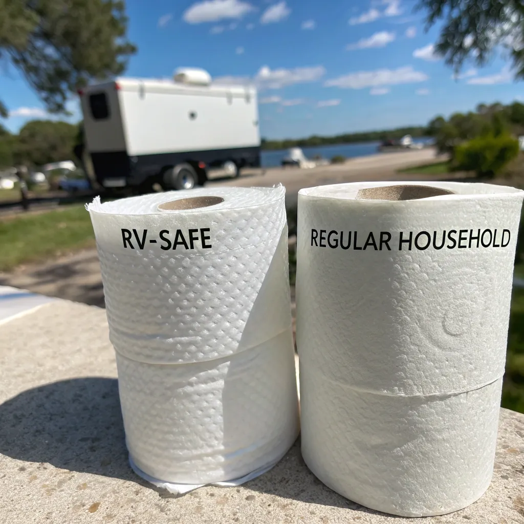 Two toilet paper rolls labeled 'RV-Safe' and 'Regular Household' on a ledge with an RV and lake in the background.