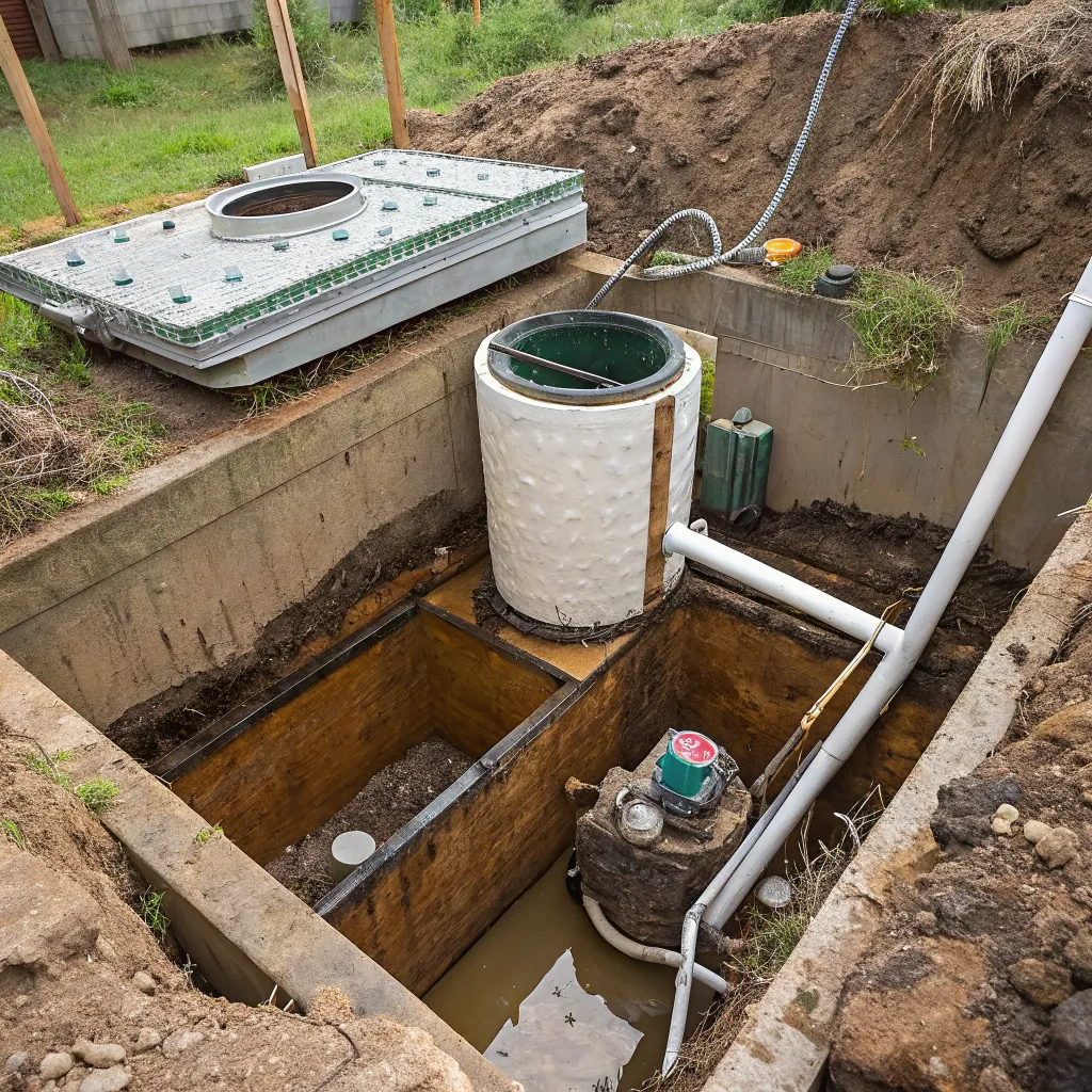 Septic tank installation with exposed tank, pipes, and equipment in an outdoor setting, surrounded by dirt and grass.