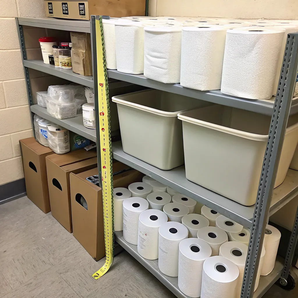 A shelf displaying rolls of paper towels, storage bins, and containers, organized neatly in a room.