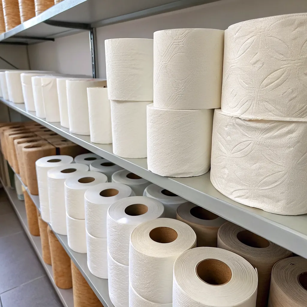 Multiple shelves displaying rolls of white and brown paper products, neatly arranged
