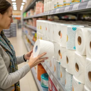 A person holding a roll of paper towels while shopping in a grocery store aisle filled with various products.