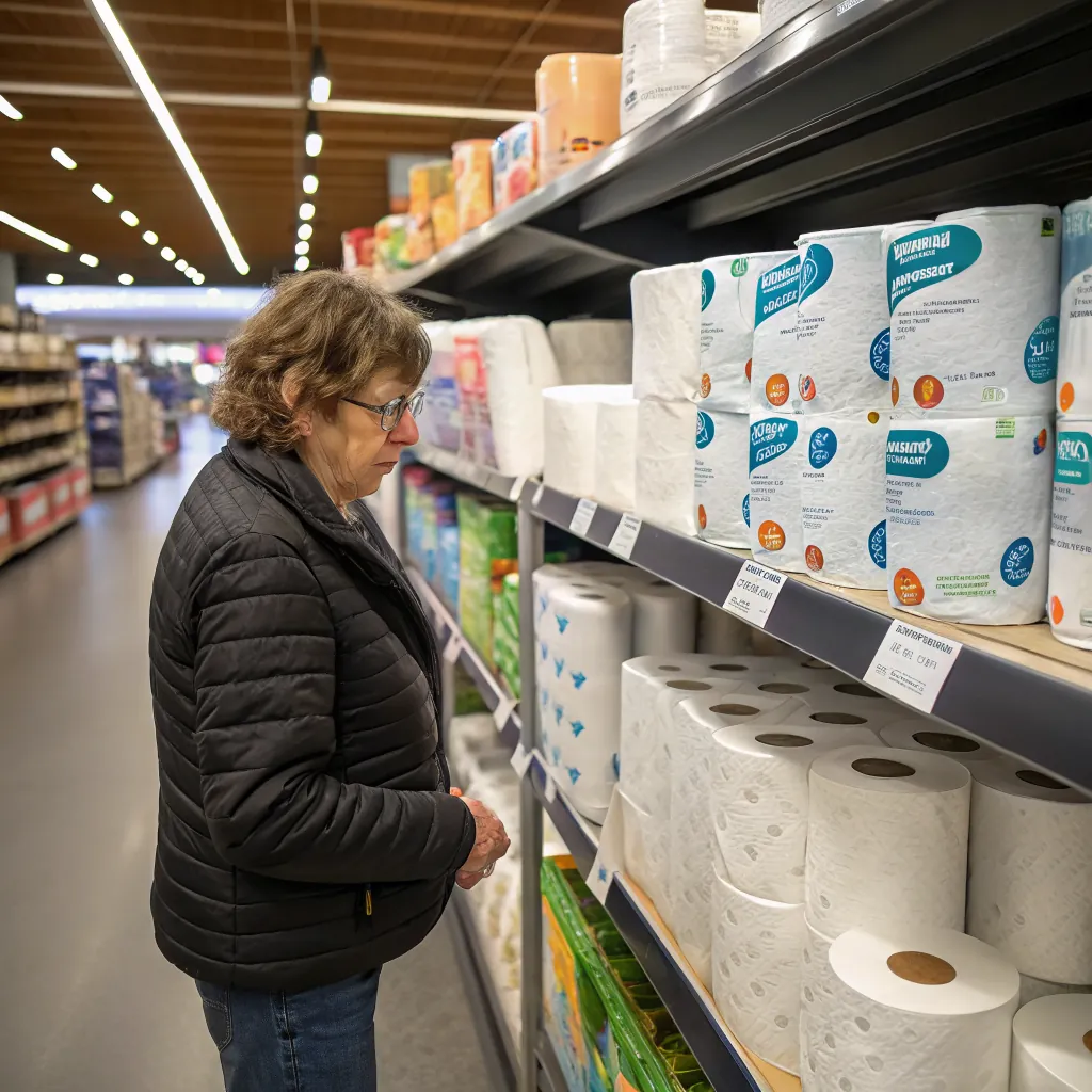 A person examines various paper towel rolls on a store shelf, surrounded by colorful products.
