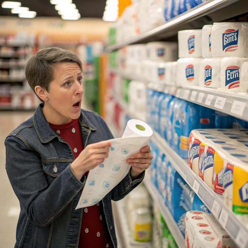A person examines a roll of paper towels while shopping in a store aisle filled with various brands of paper products.