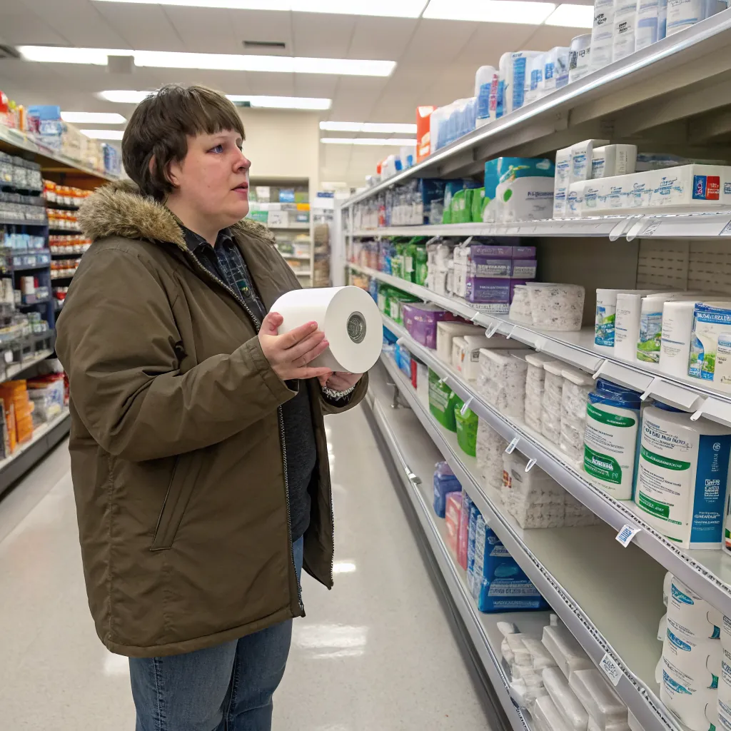 Individual in a store aisle holding a roll of paper towel, surrounded by various products on shelves.