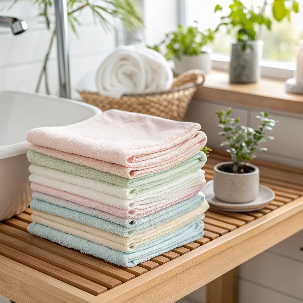 Stack of pastel-colored towels neatly arranged on wooden surface, surrounded by plants and basket near bathroom sink.