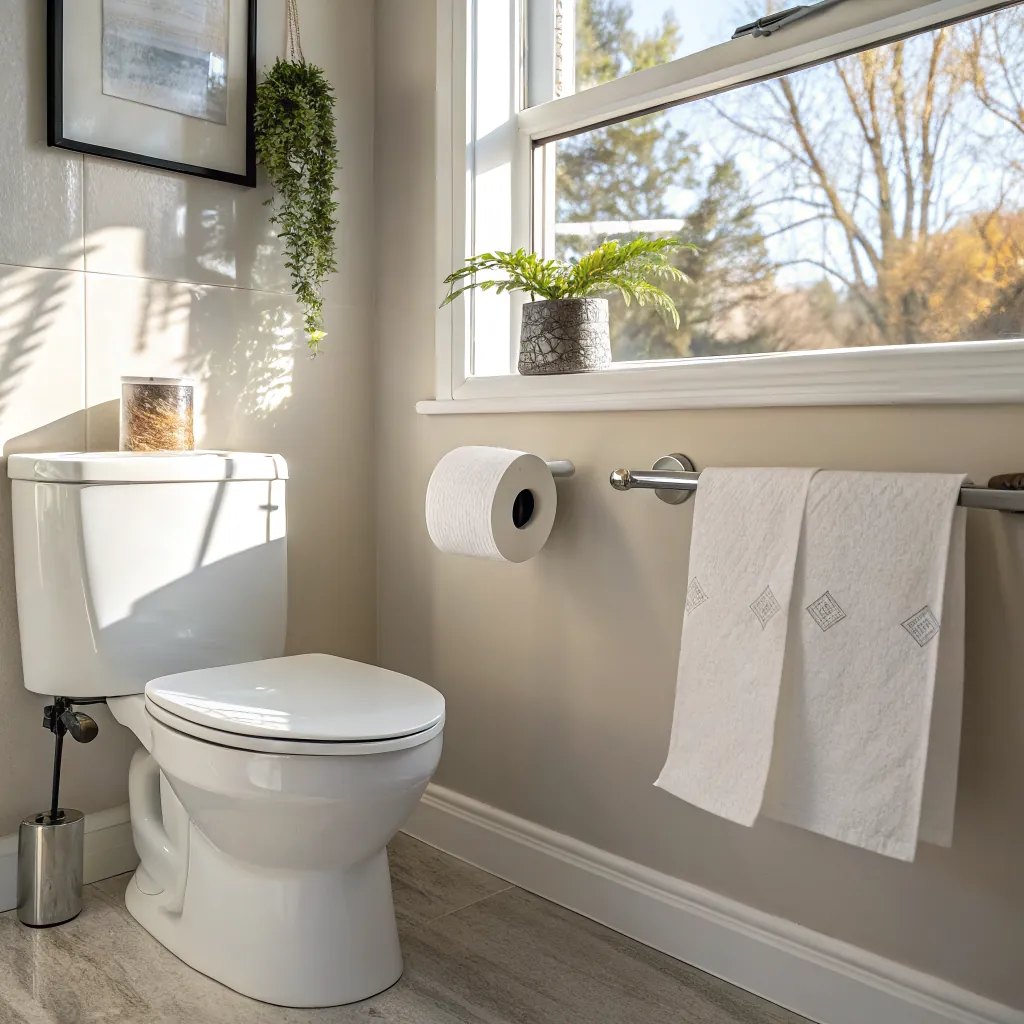 Bright bathroom featuring a toilet, towel rack, toilet paper holder, and hanging plants, with sunlight streaming through a window.
