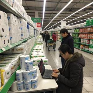 Individual seated at a table with a laptop in a supermarket aisle, surrounded by shelves of products.