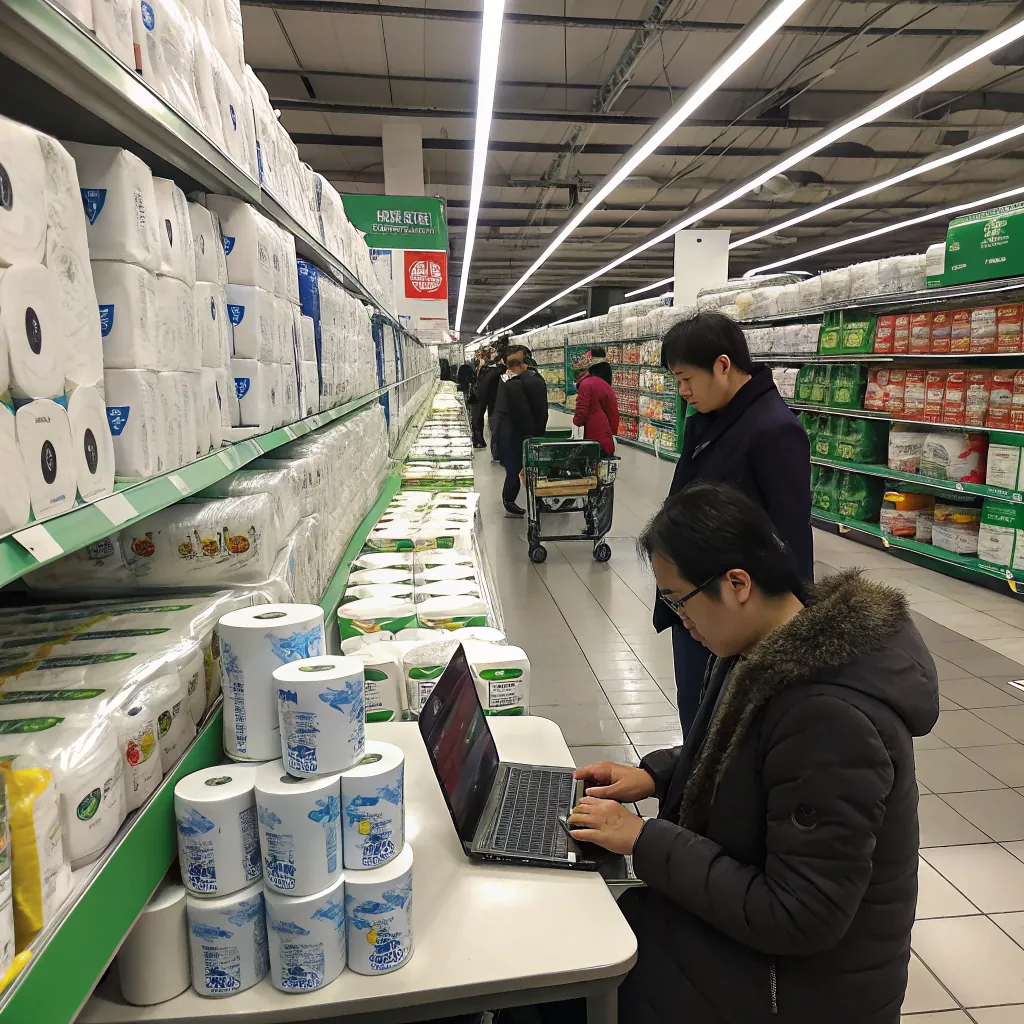 Individual seated at a table with a laptop in a supermarket aisle, surrounded by shelves of products.