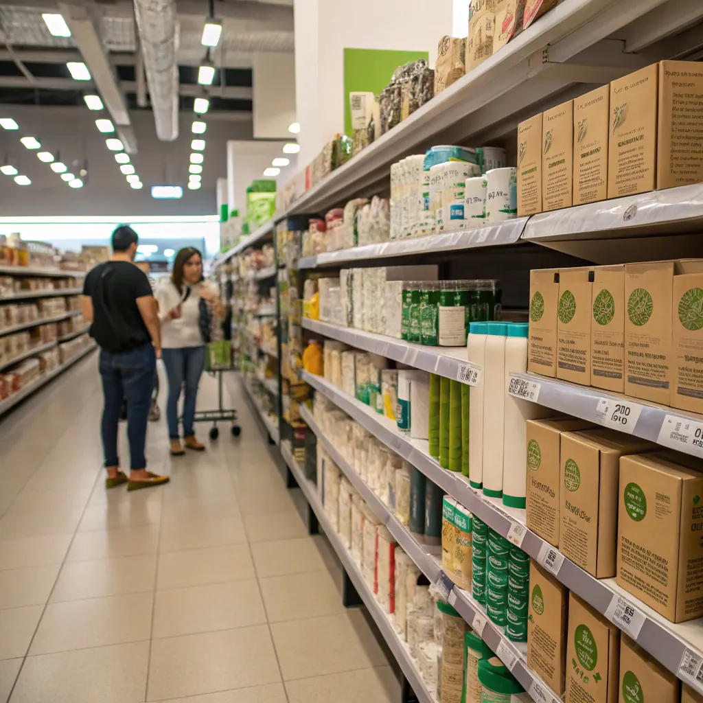View of a supermarket aisle with various products on shelves. Two people stand in the background next to a shopping trolley.