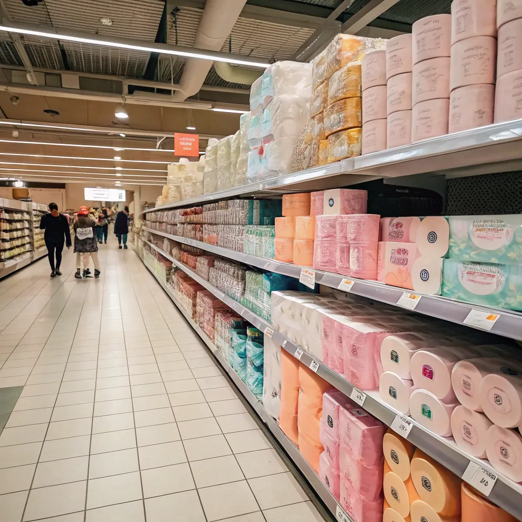 Supermarket aisle filled with various toilet paper brands on shelves; shoppers walk down the aisle.
