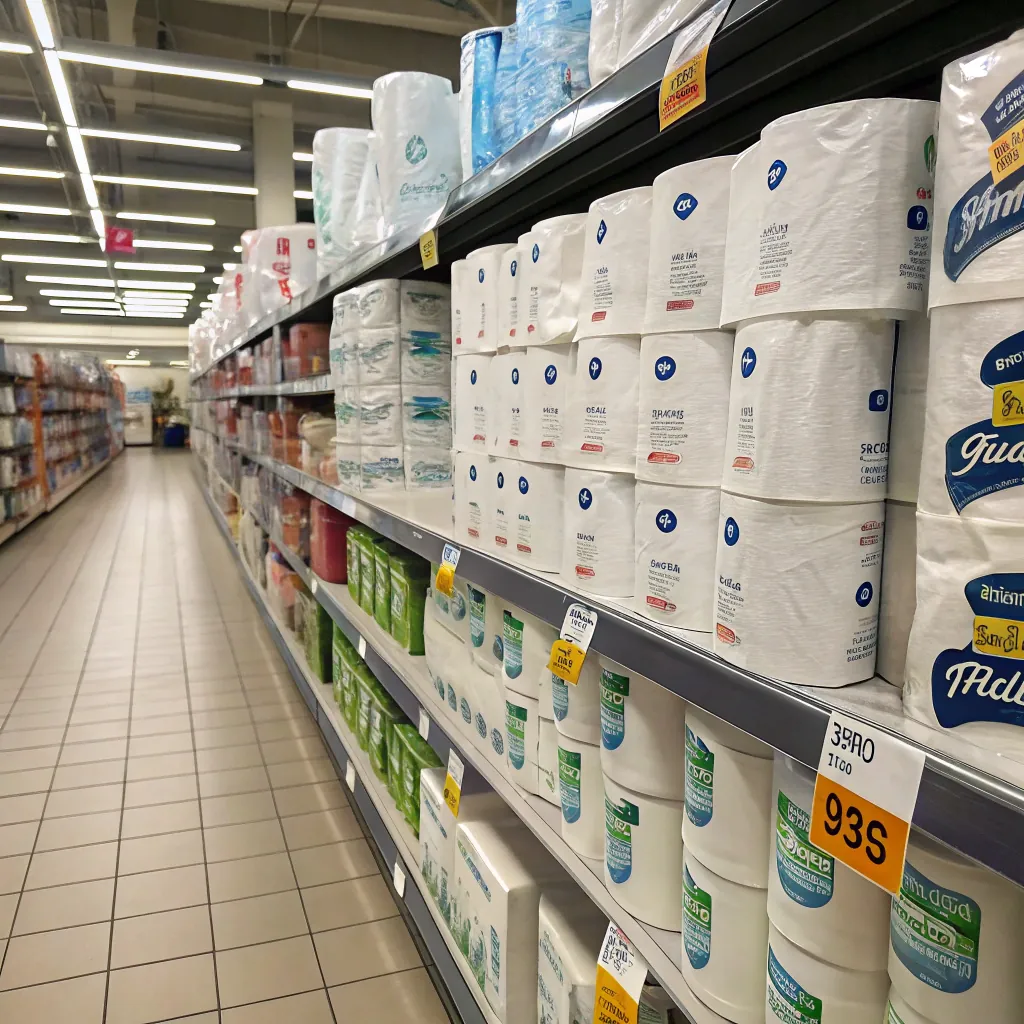 A supermarket aisle stocked with various brands of toilet paper and napkins, brightly lit with overhead lighting.