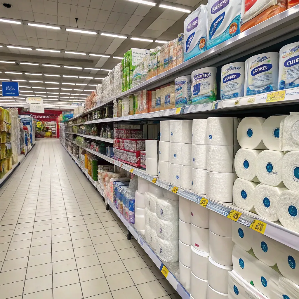 Supermarket aisle filled with various paper products. Shelves are stocked with toilet paper, paper towels, and napkins.