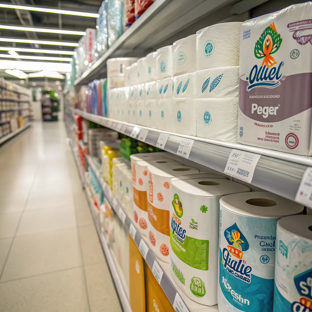 Supermarket aisle with various paper products such as toilet paper and paper towels neatly arranged on a shelf, with price tags visible.