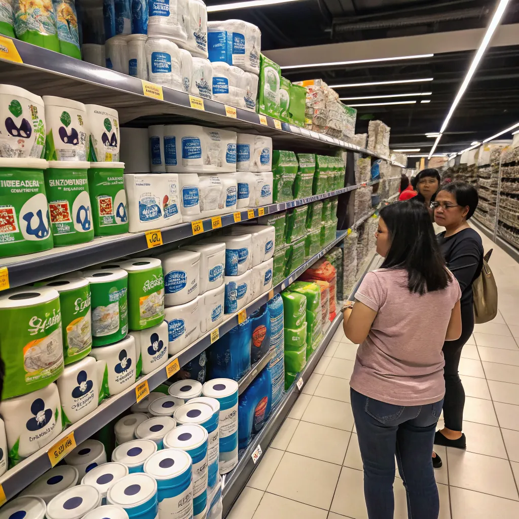 Two shoppers examining various toilet paper brands on shelves in a supermarket aisle.