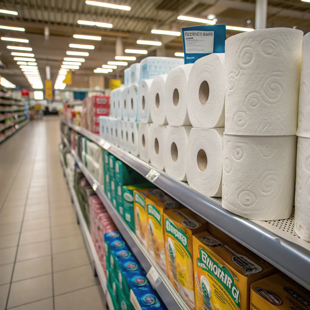 Supermarket aisle filled with neatly stacked rolls of toilet paper and various boxed items on the shelves, with overhead lighting.
